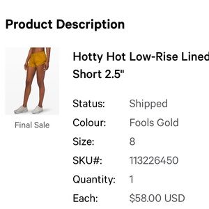 Lululemon Hotty Shorts Size 8